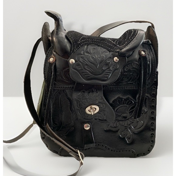 Vintage Black Saddle Floral Cowhide Leather Bag Crossbody Purse Western - Picture 1 of 11
